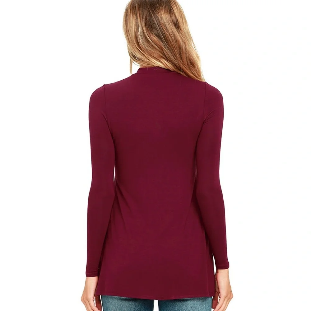 💥 SALE Side Split Mock Neck Long Sleeve Knit Top Burgundy - Picture 2 of 9